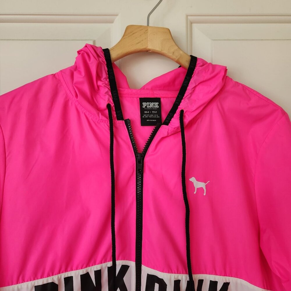 Victoria's Secret Pink Hooded Windbreaker Jacket Neon Pink Black Summer Gym XS - Picture 3 of 8